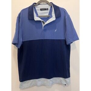 Nautica Striped Color Block Polo Shirt XL Short Sleeve Y2K Blue Navy Baby Blue